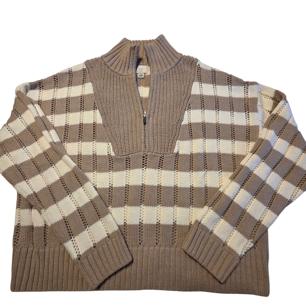 A New Day Quarter Zip Sweater Women Medium Tan Cream Excellent Striped Pointelle - Picture 10 of 10